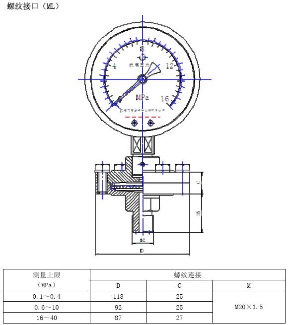 YM-ML型隔膜壓力表外形尺寸