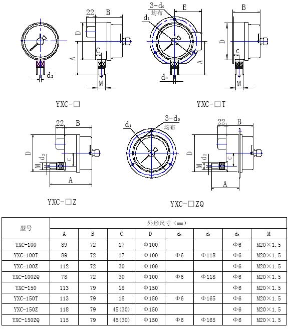 YXC磁助式電接點壓力表外形尺寸